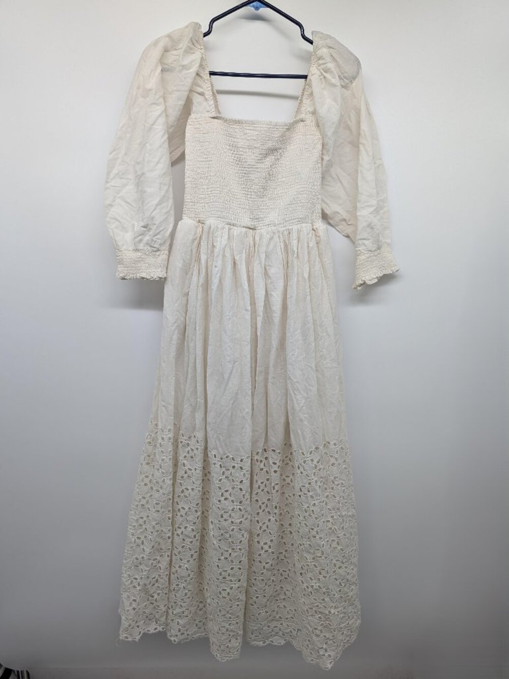 Free People Perfect Storm Dress, IVORY, SZ M, Smocked, Maxi Length, Eyelet skirt